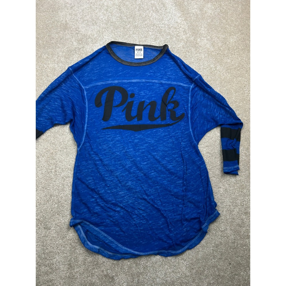 PINK Burnout Graphic Tunic XS Blue Striped Oversized Athleisure Sporty Y2K